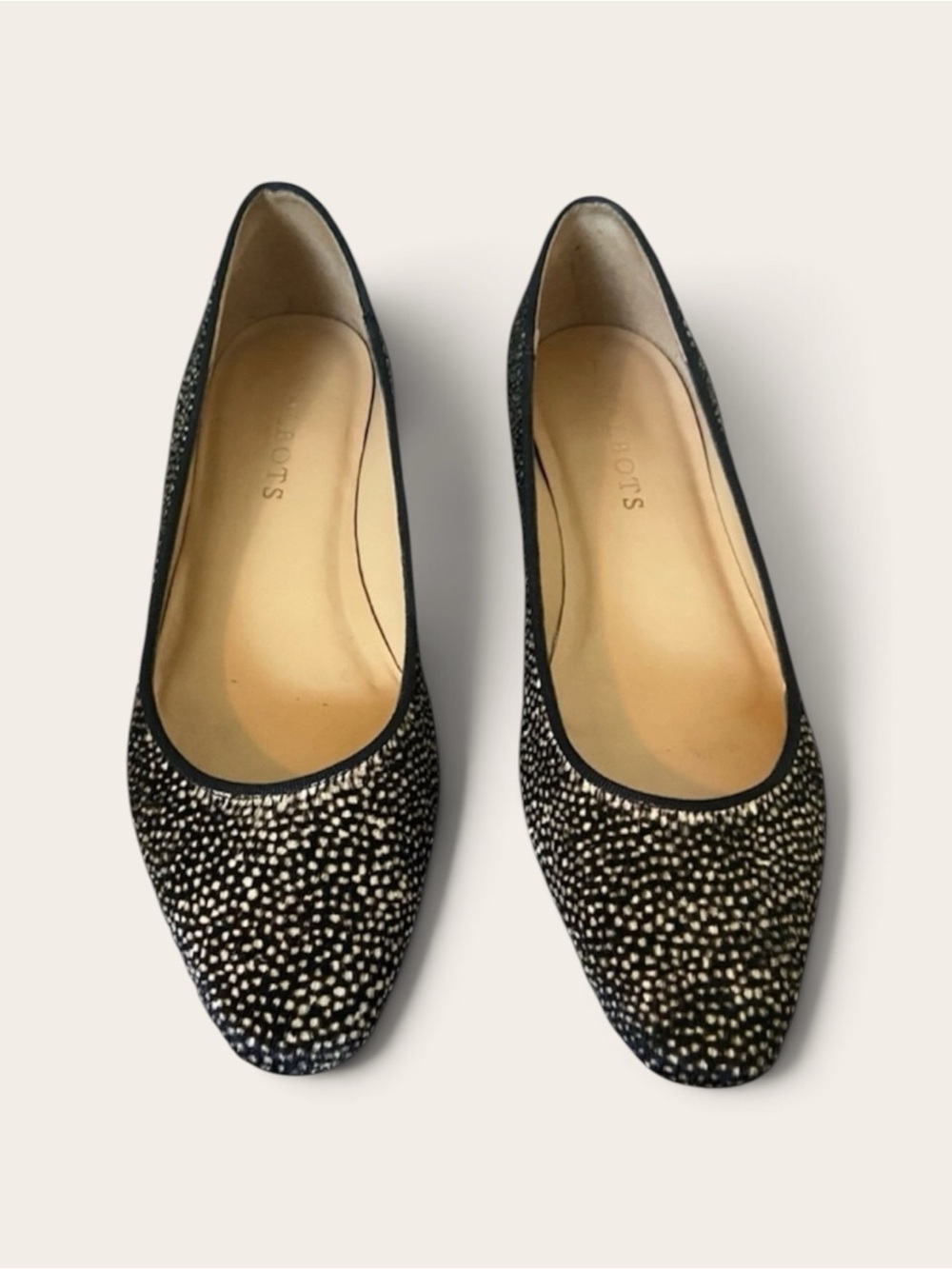 Talbots Sleek Black Animal Spotted Calf Hair Flats Size 6